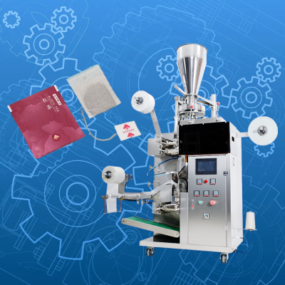 Tea bag machine for making tea bag with thread, label and outer wrapper